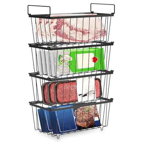 VAVPUP Lot de 4 paniers de congélation pour réfrigérateur – Très grands organiseurs en fil antirouille avec poignées pliables pour cuisine,...