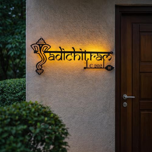 Image of Customized Stainless Steel LED Ganesha Name Plate With House Number for Home Entrance, Flat, House Doors, Stylish, Outdoor & Indoor, Waterproof (15 inch)