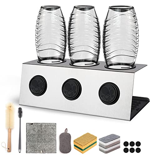 Soporte para botellas SodaStream, escurreplatos de 3 piezas, de acero inoxidable, para soporte de botellas SodaStream y botellas Emil, con alfombrilla escurridor y cepillo para botellas (gris) Cover