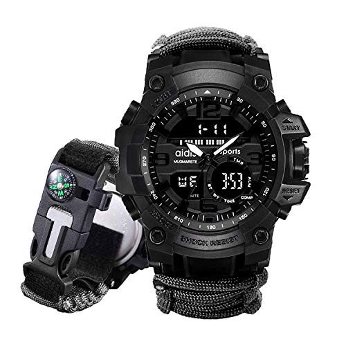 Juya Survival Bracelet Watch, Digital Emergency Survival Watch Waterproof with Paracord/Whistle/Fire Starter/Scraper/Compass and Survival Gear for Men and Women (Black)
