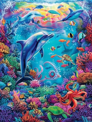 Dauphins Peinture Diamant Grand Format 90x120 - Décoration Murale Salon DIY