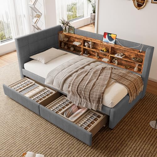 YuQozii Cama diurna, 90 x 200 cm, sofá cama, con 2 cajones, USB + tipo C, varios estantes, cama con somier (sin colchón), lino (gris)