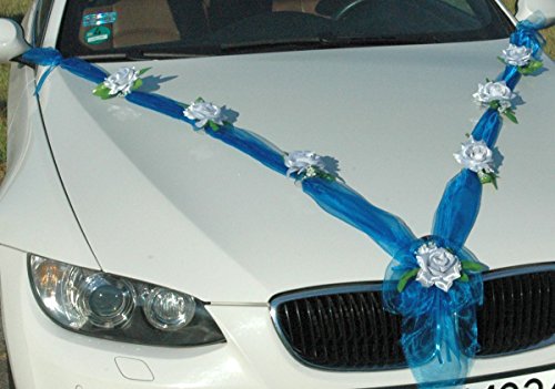 Autoschmuck Organza M Auto Schmuck Braut Paar Rose Deko Dekoration Hochzeit Car Auto Wedding Deko Girlande PKW (Silber/Blau) - Image 4