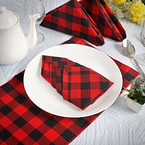 Image of FINGERCRAFT 100% Cotton Cloth Napkins Set of 12 - 20x20 Inch (50x50 cm) Reusable Soft & Absorbent Gingham Check Dinner Table Napkins (Red Black Check, Set of 12)