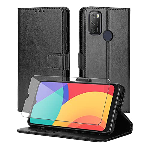 Coque pour Alcatel 1S 2021, Noir PU Cuir à Rabat [Fonction de Stand] Flip Housse Étui avec Un Verre Trempé Film Protection Écran pour Alcatel 1S 2021 / 3L 2021 6.52''