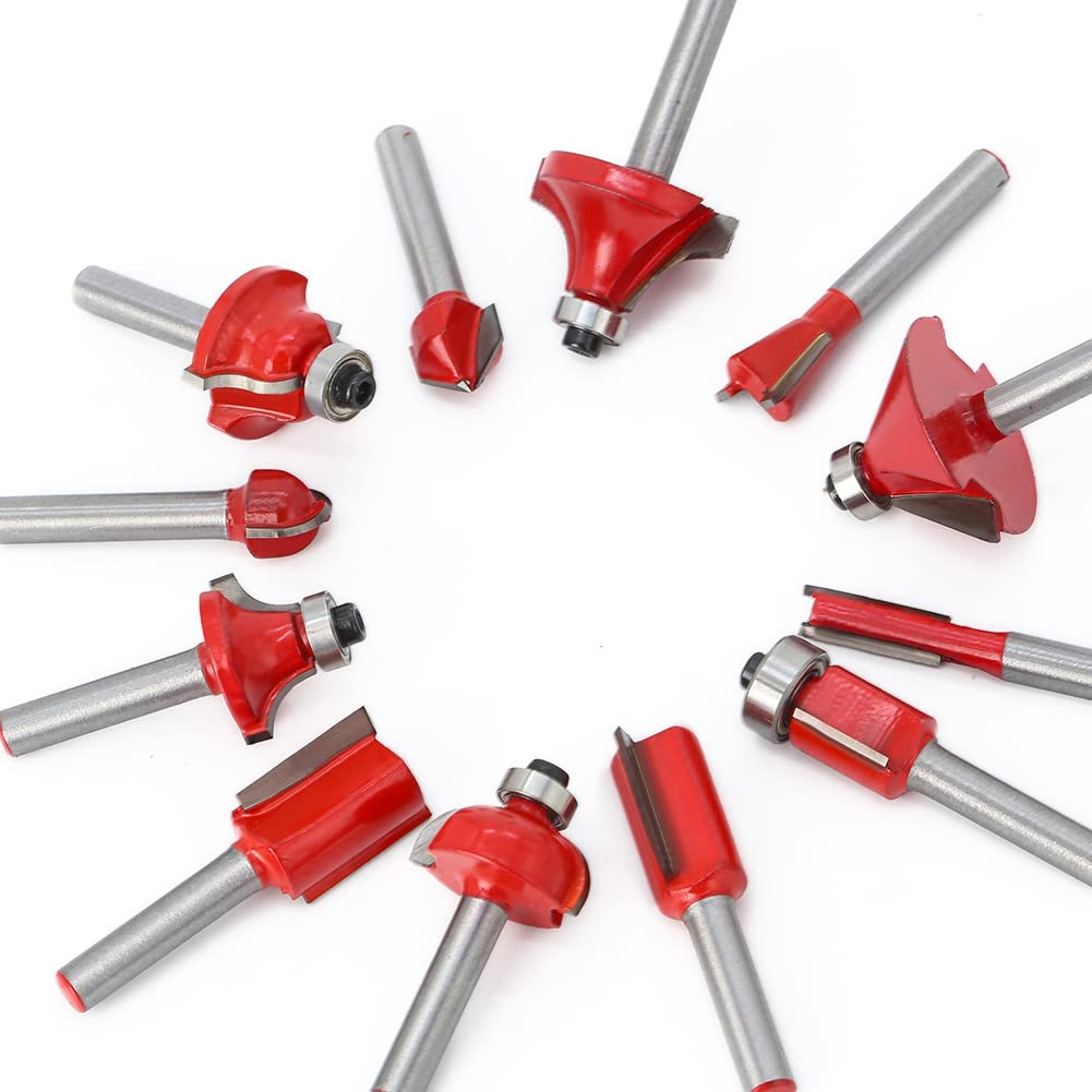Baorder Lot de 12 forets de fraisage supérieur, tige de 6 mm, forets en carbure pour travail du bois, découpe, rainures (inclut forets droites, cove bit, chamfer bit)
