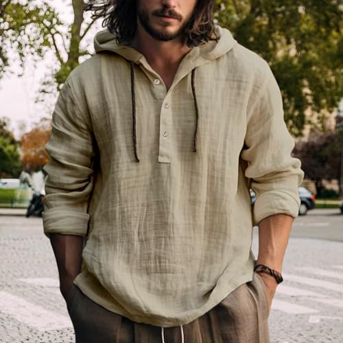 Men's Hooded Shirt Lightweight Long Sleeve Half Button Boho Beach Shirt Summer Loose Fit Casual Hoodie3
