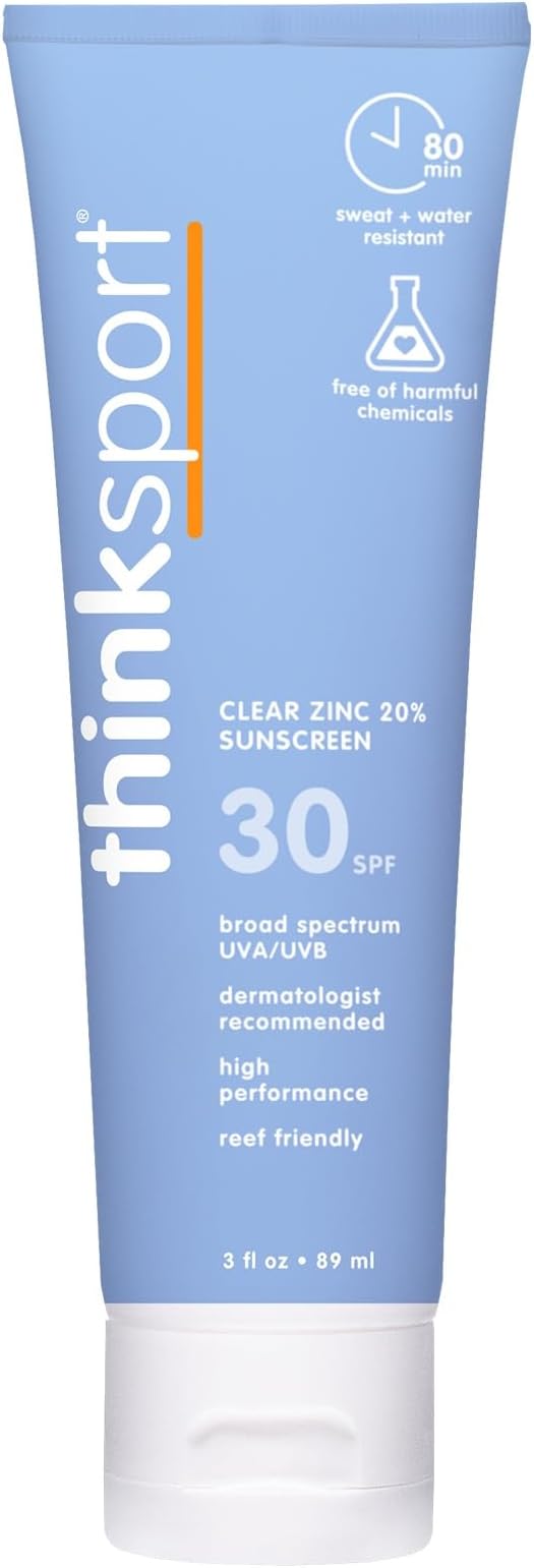 Thinksport Mineral Sunscreen, SPF 30 Clear Zinc Oxide Sunscreen, 3 Fl Oz, Water Resistant Reef Safe Sunscreen, Broad Spectrum UVA/UVB Sun Screen