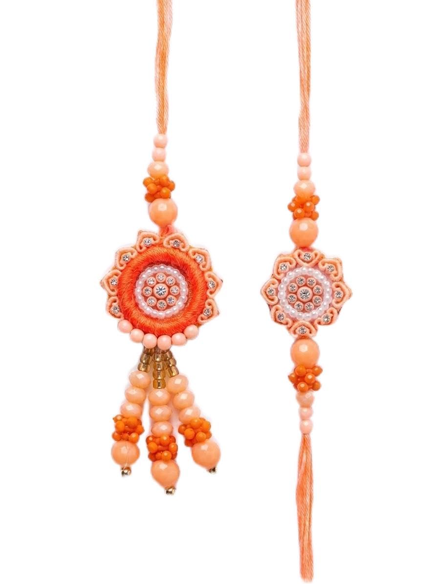 Handmade Peach Floral Rakhi & Lumba Rakhi Combo Set with Roli Chawal-image-49
