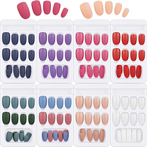 192 Pieces 8 Sets Medium Matte Press on Nails Colorful Matte False Nails Full Cover Artificial Nail Colorful Fake Nail Tips and 8 Sheets Nail Glue Stickers for Nail Art Salon (Multiple Colors)