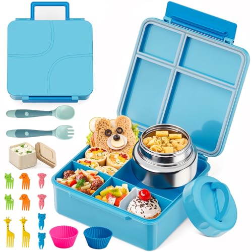 JSLOVE Bento Lunch Box with Leak Proof Thermos Food Jar for Kids, Food Lunch Containers for Boys with 4 Compartments, BPA-Free with Utensils, Food Picks, Sauce Jar & Silicone Lunch Box Dividers