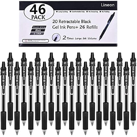 Black Gel Pens, 46 Pack (20 Gel Pens with 26 Refills) Lineon Retractable Medium Point Gel Pens Smooth Writing with Comfortable Grip for Office School Cover