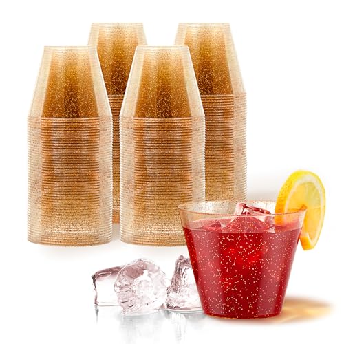 Stock Your Home 9oz Gold Glitter Plastic Cups (100 Pack), Elegant Party Cups for Birthday Parties, Weddings, and Holidays, Fancy Disposable Cocktail Glasses, Clear and Gold, Bulk Wine and Mimosa Cups