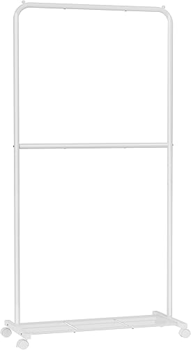 SONGMICS Perchero con ruedas, 35.8 pulgadas de doble barra, perchero para colgar ropa, con estante de almacenamiento de malla densa, capacidad de