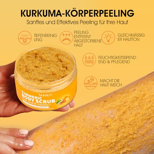 Body Scrub, Turmeric Vitamin C Exfoliation, Removes Dead Skin Cells, Reduces Dark Spots, Deep Cleansing Exfoliation for Body, Face, Hands and Feet, 320 g