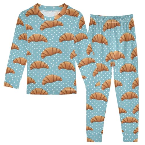 Pajama Sets Long Sleeve Croissant Pattern Blue Background Soft Comfy Sleepwear 2 Piece PJS 3-8T