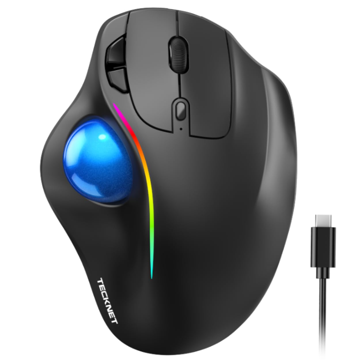 TECKNET Pro Wireless Trackball Mouse, Bluetooth Mouse with Ergonomic Thumb Control, USB-C Rechargeable, RGB Light Mice with Adjustable DPI, 3-Device Connectivity (BT or 2.4G),for PC/Mac/Laptop-Black