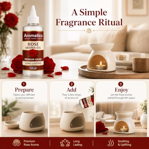 Image of AROMATICO Pure Rose Diffuser Oil with Long-Lasting Fragrance for Homes, Offices & Showrooms. Ideal for Diffusers, Reed Diffusers, Air-Purifiers & Candles 100 ml
