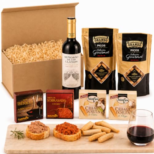 AF® Cesto gourmet para oferecer com mini vinho Terra Grande 37,5 cl, queijos cremes, patê ao Pedro Ximenez, sobrasada e picos artesanais, cestas de Natal para oferecer, presentes para homem