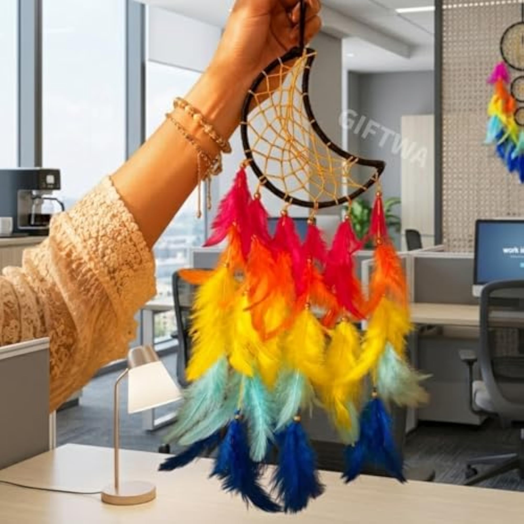 Moon Shape Multi Color Feather Dream Catcher