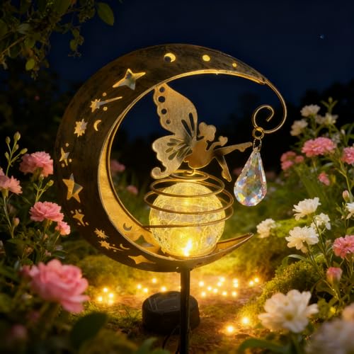 QISHENG - Outdoor/Garden Waterproof Solar Lights,Fairy Under The Moon with Crystal Ball for...