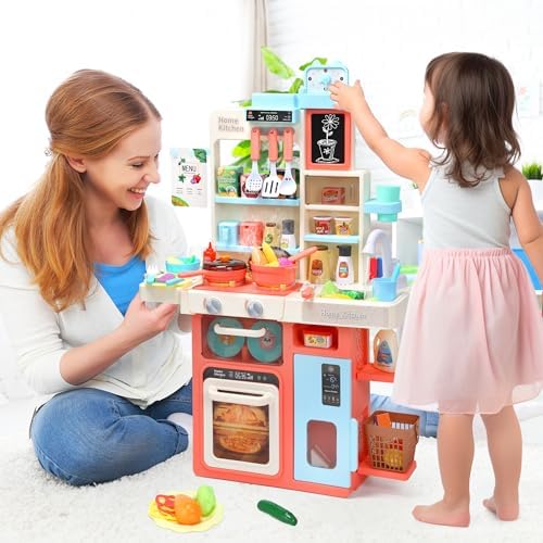 CUTE STONE Pretend Play Kitchen, Water Sink, Stove with Steam&Light&Sound, 63PCS Toy KitchenAccessories with Toy Food, Pots, Utensils, Kids Kitchen Play Set, Ideal Gift for Boys Girls Toddlers(Pink) — view 4