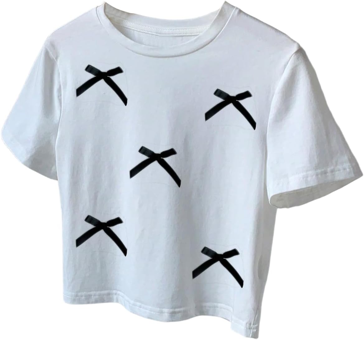 Verdusa Women's Coquette 3D Bow Tops Crew Neck T Shirts Cute Crop Tees