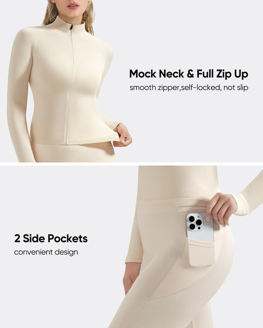 OMKAGI Workout Sets for Women Booty Leggings Matching Zipup Jacket Gym Outfits with Pockets - Image 3