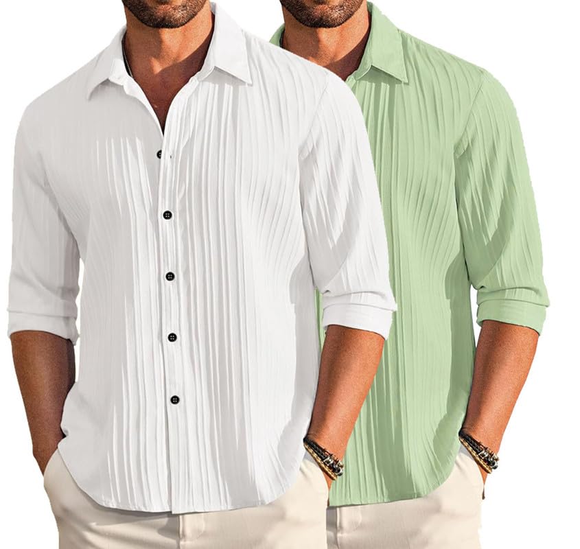 Image of DEELMO Combo of Men's Casual Button Down Shirts Long Sleeve Linen Shirt Fashion Textured Summer Shirts Pack of 2