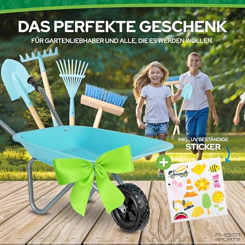 PHIBER-SPORTS Schubkarre Kinder + Gartenwerkzeug Kinder aus Metall - Kinderschubkarre mit Gartenwerkzeug: Schaufel, Kinderbesen, Kinderrechen, Laubrechen + Wetterfeste Sticker - Für Garten & Strand