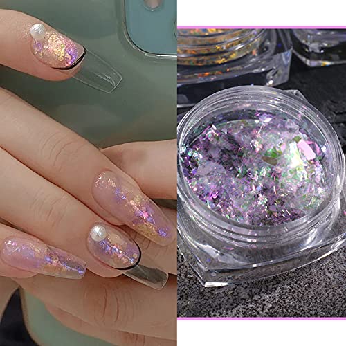 Holographic Nail Art Glitter Iridescent Flakes Powder,5 Boxes Nail Foil Colorful Fluorescent Glass Paper Chameleon Ice Crystal Mermaid Paillettes Sparkly Sequins Design For Summer Nail Art Decoration #TOP4