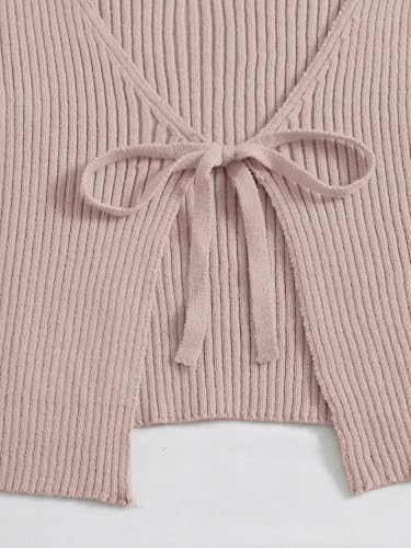 Floerns Women's Tie Front Long Sleeve Rib Knit Shrug Sweaters Cardigan Crop Top Dusty Pink M3