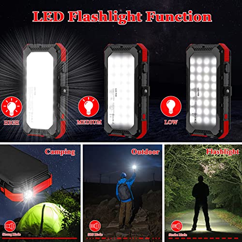 LEO WAY Solar Charger, 26800mAh Solar Power Bank with 4 Solar Foldable Panels, Portable Charger with Camping Light 3 Modes Lights Compass, External Battery Pack for Outdoor Camping(Red)
