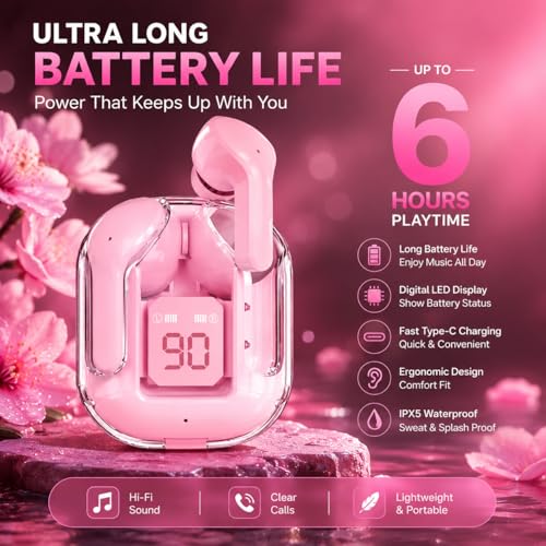 Image of TWS Wireless Earbuds Bluetooth Headphones with LED Battery Display | Noise Isolating Earphones with Touch Controls, Built-in Microphone & Portable Charging Case for Smartphones (Pink)