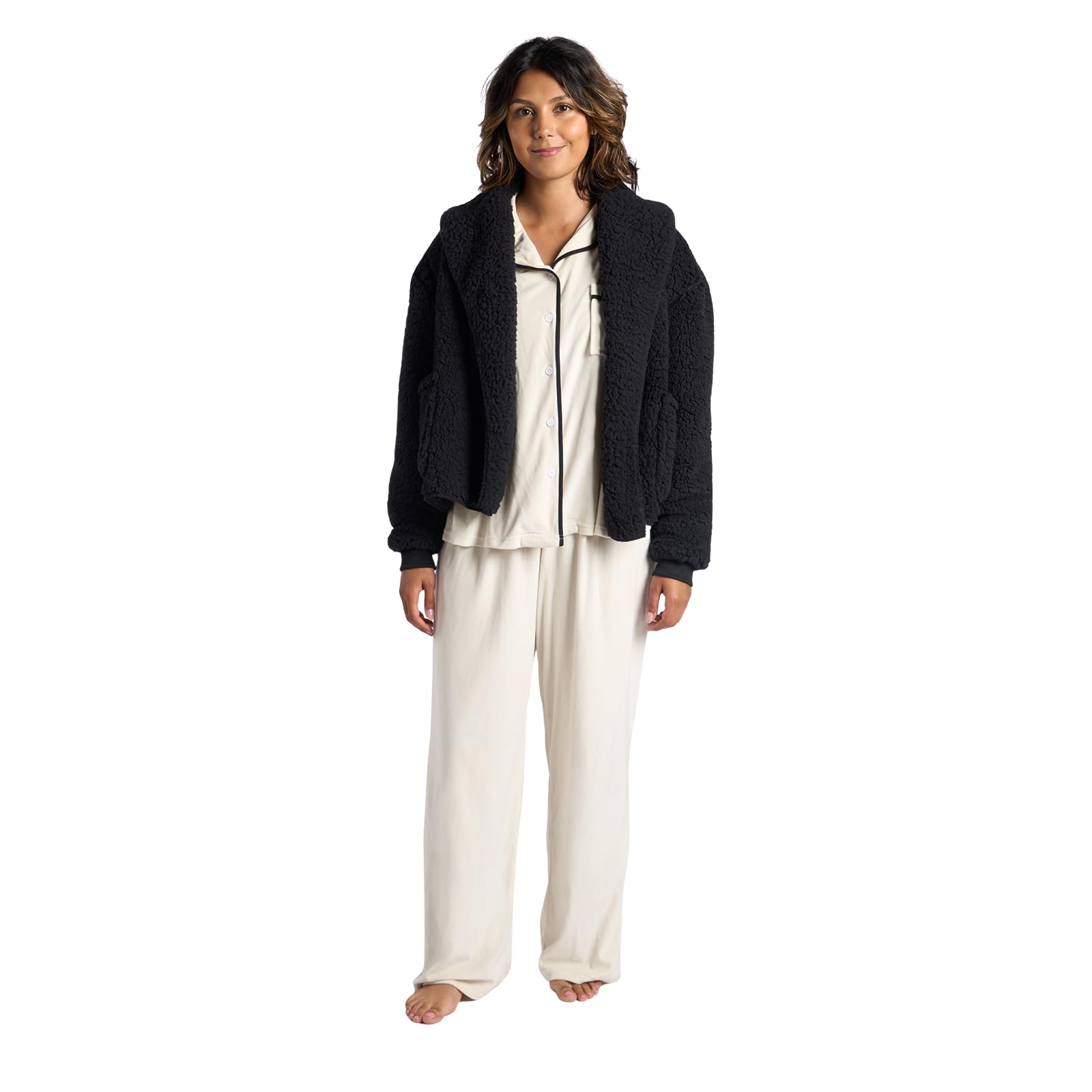 Ohs Unisex Black Cardigan Sweater Waterfall Teddy Fleece Shorter Length Open Front Long Sleeve Wrap Style Cardigan With Pockets Ultra Soft Warm Casual Wear & Lounging, - S/M