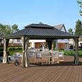 Domi 12x16 Outdoor Gazebo, Hardtop Gazebo with Aluminum Frame, Heavy Duty Pavilion Gazebo for Patio Deck Backyard, Curtain and Netting Included, Dark Brown