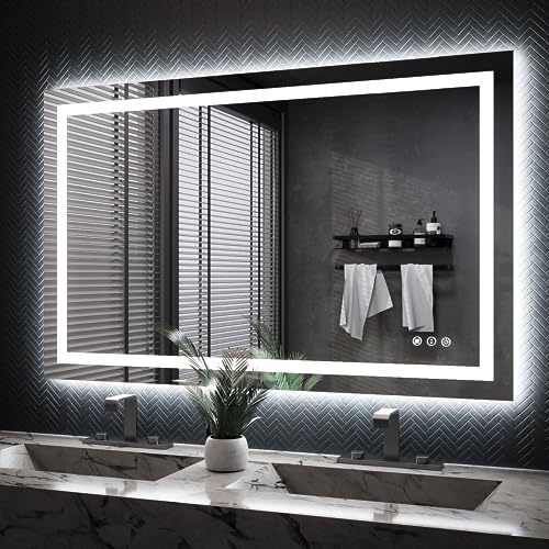 ISKM 48''x30'' LED Mirror for Bathroom, with Front and Backlit Dimmable Illuminated for Wall Anti-Fog Tempered Glass