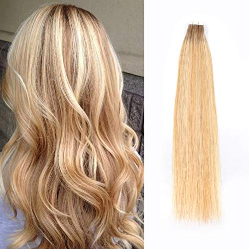 Sassina Semi-permanent Tape In Attached Real Remy Human Hair Tape in Hair Extensions 50g 20pcs Skin Weft Tape Attached Invisible Seamless Reusable Rooted Highlighted R6-18/613 20 Inch
