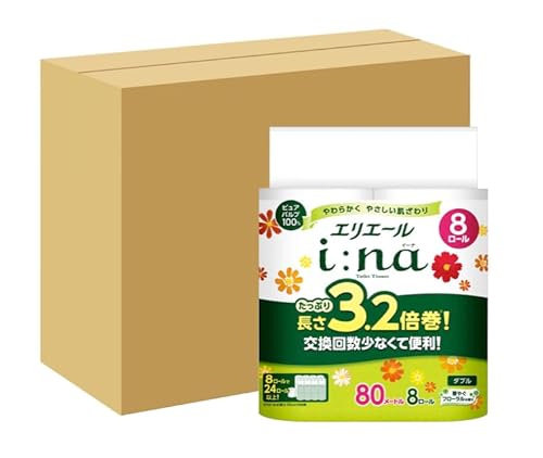 【Amazon.co.jp限定】エリエ一ル トイレットペーパー i:na(イーナ) 3.2倍巻き 80m×32ロール(8ロール×4パック) ダブル パルプ100% 華やぐフローラルの香り 4個入り 【ハーフケース品】