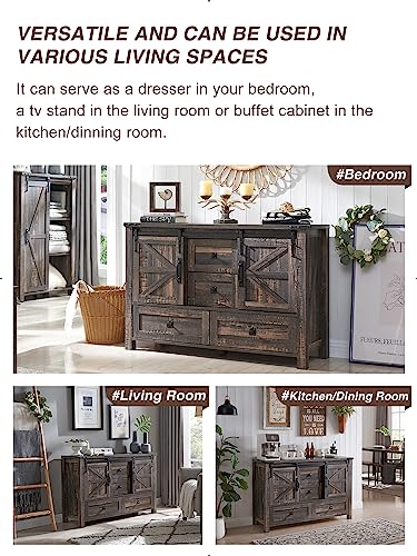 T4TREAM-48-Farmhouse-Dresser-w4-Drawers-2-Sliding-Barn-Doors-Tall-Chest-of-Drawers-Organizer-Rustic-Dresser-TV-Stand-wAdjustable-Shelf-for-Bedroom-Living-Room-Nursery-Room-Dark-Rustic-Oak T4TREAM 48 Farmhouse Dresser w4 Drawers 2 Sliding Barn Doors Tall Chest of Drawers Organizer Rustic Dresser TV Stand wAdjustable Shelf for Bedroom Living Room Nursery Room Dark Rustic Oak