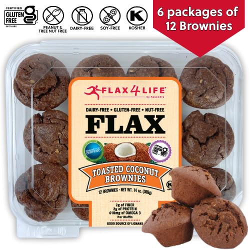 Flax4Life Toasted Coconut Brownies - Gluten-Free, Dairy-Free, Nut-Free, Soy-Free, Kosher - Made with Flaxseed for Fiber, Omega-3, and Protein - 12 ct Brownies Per Pack (Pack of 6)
