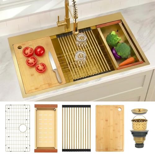 Image of 33 inch X 22 inch Drop In Gold Kitchen Sink,Single Bowl Top Mount Kitchen Sink,16 Gauge Stainless Steel Workstation Sinks (Gold, 33 X 22 inch)