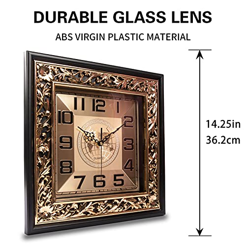 Sisyujik 14-1/4 Inch Gold Square Wall Clock Vintage Silent Non Ticking Quartz Battery Operated Decorative, Used In Bedroom, Clocks For Living Room Decor 7476 #TOP1