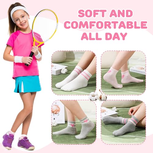 Shihanee 6 Pairs Socks for Girls Kids Pink Crew Athletic Socks with Stripes Heart 6-10 Years Old Cotton Girls Crew Sock3