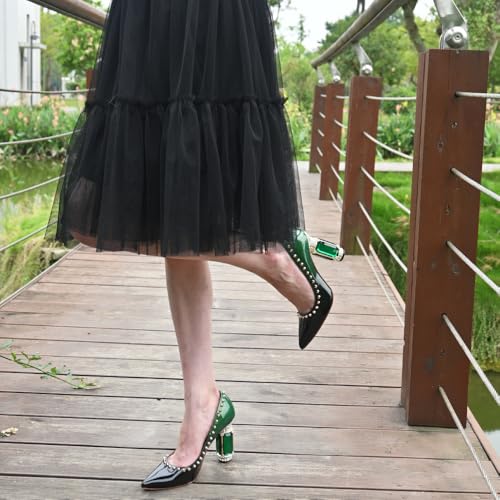 FSJ Women Bridal Pointed Toe Chunky High Heel Crystal Pumps Slip on Wedding Thick Comfort Shoes Size 7.5 Emerald Green by FSJ - Used condition - Image 4