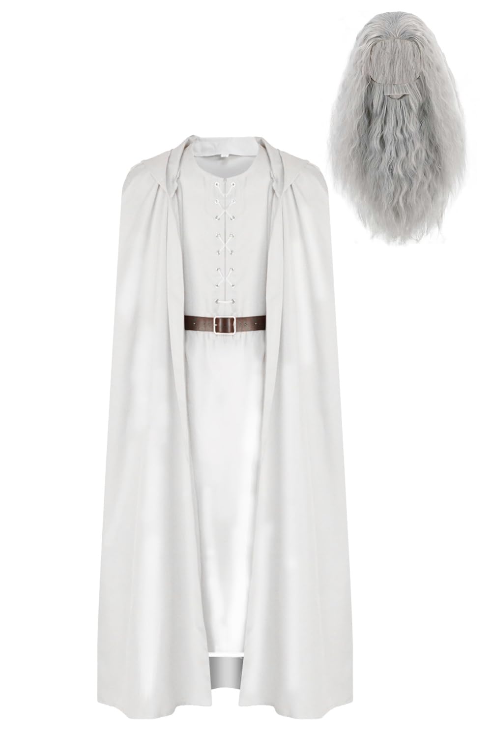 Gandalf Disfraz de cosplay blanco capa con capucha de mago, túnica larga, camiseta y cinturón, juego de disfraz de Gandalf, color blanco, capa medieval de monje para Halloween