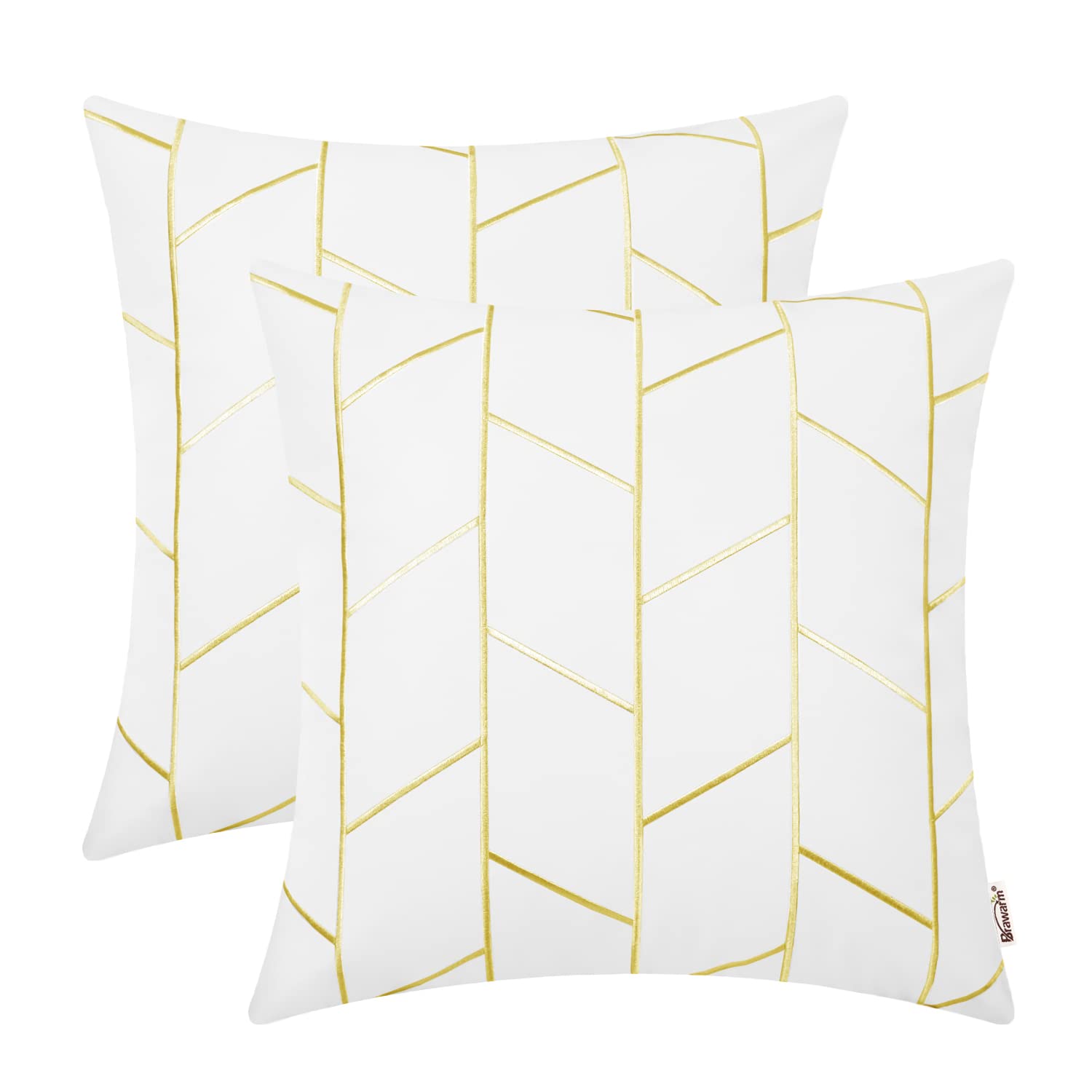 BRAWARM Faux Leather Pillow Covers 18 X 18 Inches, White and Gold Leather Pillow Covers Pack of 2, Geometric Embroidery Leather Decorative Throw