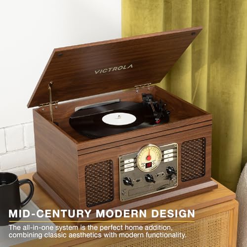 Image of Victrola Quincy - 6-in-1 Bluetooth Record Player - Walnut | Plays vinyl, CD, cassette and FM radio through built-in stereo speakers, Bluetooth and aux streaming, headphone jack