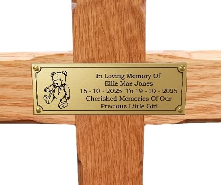 County Engraving Personalised Memorial Cross Solid Oak Wooden Grave Marker With Ground Stake - Enter Your Own Custom Text (Teddy B)
