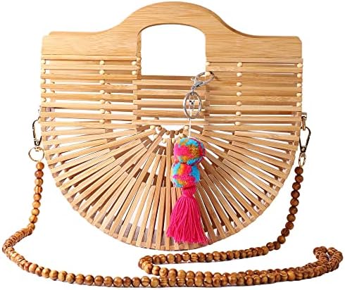 GLVOOI Bamboo Purse Straw Bag Basket Purse Beach Purse Bamboo Handbag Straw Beach Bag Straw Purses for Women Large Tote Bag